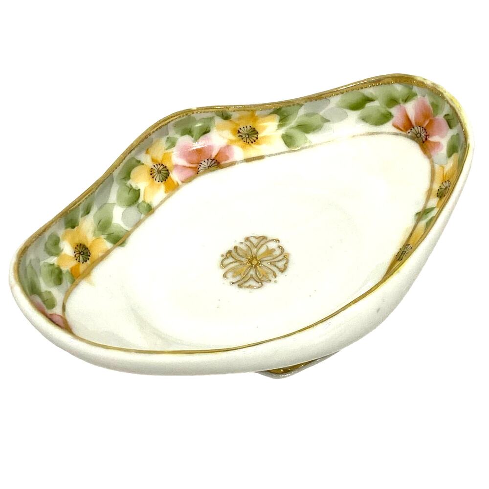 Nippon porcelain trinket dish white bowl with hand painted floral gold moriage